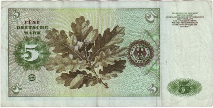 Банкнота 5 марок. 1970 год, ФРГ. Портрет молодой венецианки. Ветка дуба. Банкнота 5 марок. 1970 год, ФРГ. Портрет молодой венецианки. Ветка дуба.