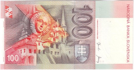 Банкнота 100 крон. 2001 год, Словакия. Мадонна в церкви Святого Иакова в Левоке.