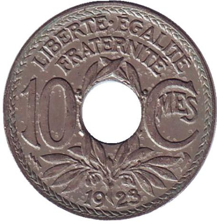 Монета 10 сантимов. 1923 год, Франция. (молния)