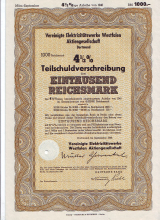 Электроэнергетическое акционерное общество. Акция 1000 рейхсмарок. Дортмунд, 1940 год, Третий рейх.