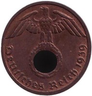 Монета 1 рейхспфенниг. 1939 год, Германия (Третий Рейх). (D). Монета 1 рейхспфенниг. 1939 год, Германия (Третий Рейх). (D).