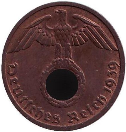 Монета 1 рейхспфенниг. 1939 год, Германия (Третий Рейх). (D).