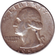 Монета 25 центов. 1957 год, США. (Без отметки монетного двора). Вашингтон. Монета 25 центов. 1957 год, США. (Без отметки монетного двора). Вашингтон.