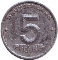 Монета 5 пфеннигов. 1949 год (A), ГДР. Монета 5 пфеннигов. 1949 год (A), ГДР.