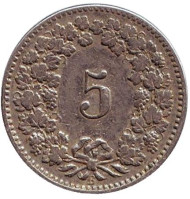 Монета 5 раппенов. 1894 год, Швейцария. Монета 5 раппенов. 1894 год, Швейцария.