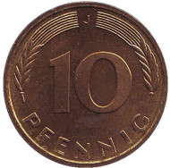 Монета 10 пфеннигов. 1985 год (J), ФРГ. Дубовые листья. Монета 10 пфеннигов. 1985 год (J), ФРГ. Дубовые листья.
