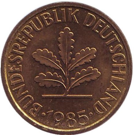 Монета 10 пфеннигов. 1985 год (J), ФРГ. Дубовые листья.