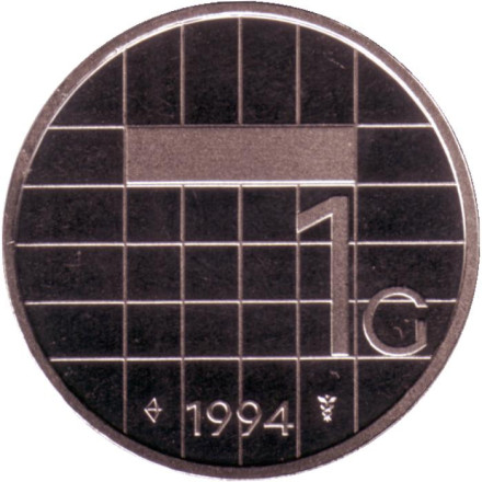 Монета 1 гульден. 1994 год, Нидерланды. BU.