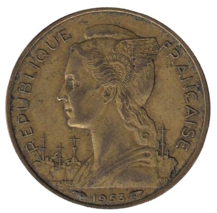 Монета 20 франков. 1953 год, Мадагаскар. Монета 20 франков. 1953 год, Мадагаскар.