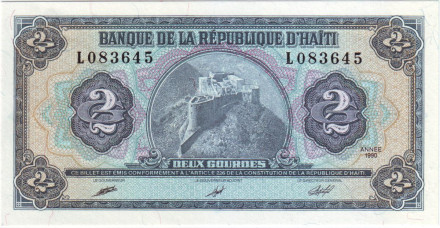 Банкнота 2 гурда. 1990 год, Гаити. Цитадель Лаферьер.