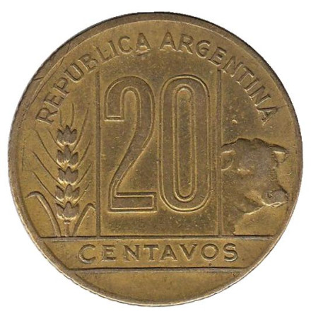 Монета 20 сентаво. 1944 год, Аргентина.
