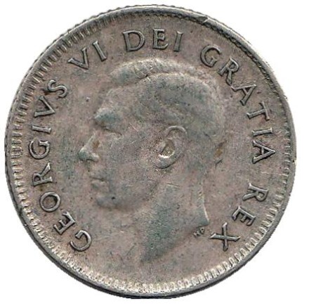 Монета 10 центов. 1950 год, Канада. Парусник. Монета 10 центов. 1950 год, Канада. Парусник.