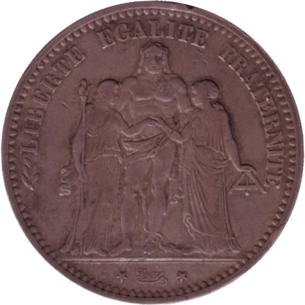 Монета 5 франков. 1873 год (A), Франция. Геркулес.