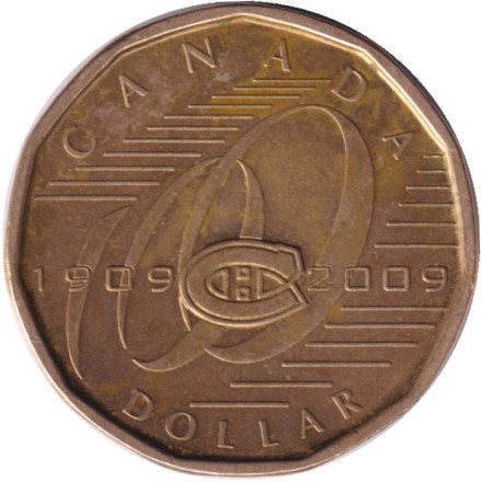 Монета 1 доллар, 2009 год, Канада. 100-летие хоккейного клуба Монреаль Канадиенс.