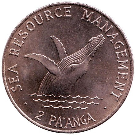 Монета 2 паанга. 1980 год, Тонга. ФАО. Управление морскими ресурсами. Горбатый кит. Монета 2 паанга. 1980 год, Тонга. ФАО. Управление морскими ресурсами. Горбатый кит.