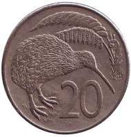 Монета 20 центов. 1980 год, Новая Зеландия. Киви (птица). Монета 20 центов. 1980 год, Новая Зеландия. Киви (птица).