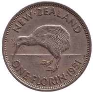 Монета 1 флорин. 1951 год, Новая Зеландия. Киви (птица). Монета 1 флорин. 1951 год, Новая Зеландия. Киви (птица).