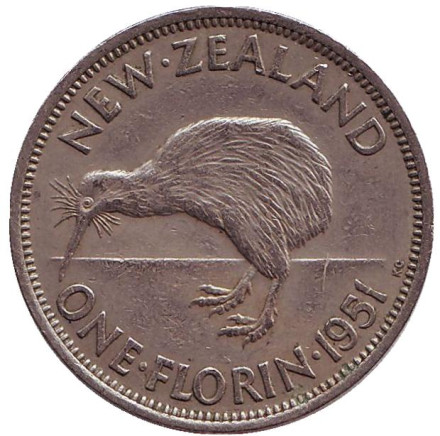 Монета 1 флорин. 1951 год, Новая Зеландия. Киви (птица).
