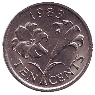 Монета 10 центов. 1985 год, Бермудские острова. Бермудская лилия.
