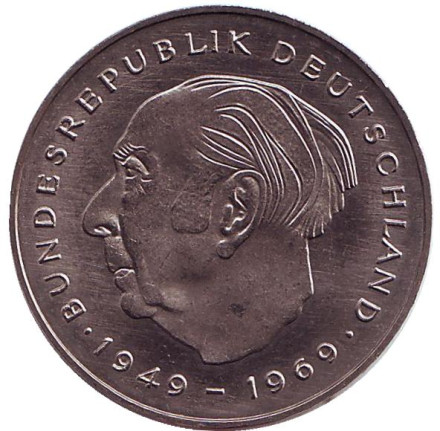 Монета 2 марки. 1979 год (G), ФРГ. UNC. Теодор Хойс.