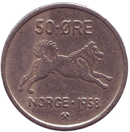 Монета 50 эре. 1958 год, Норвегия. Собака.