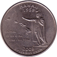 Монета 25 центов (D). 2008 год, США. Гавайи. Штат № 50. Монета 25 центов (D). 2008 год, США. Гавайи. Штат № 50.