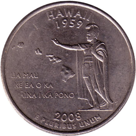 Монета 25 центов (D). 2008 год, США. Гавайи. Штат № 50.