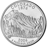 Монета 25 центов (D). 2006 год, США. Колорадо. Штат № 38. Монета 25 центов (D). 2006 год, США. Колорадо. Штат № 38.