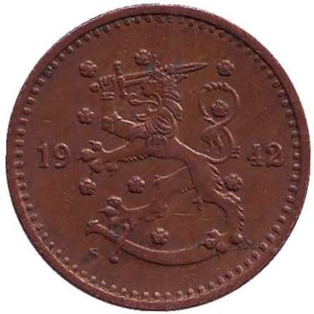 Монета 1 марка. 1942 год, Финляндия. Монета 1 марка. 1942 год, Финляндия.