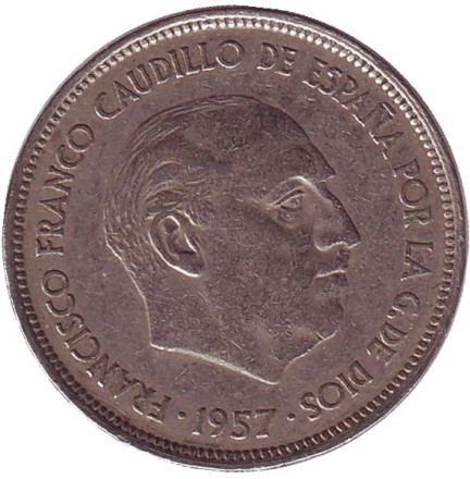 Монета 25 песет. 1957 год, Испания. (72 внутри звезды).