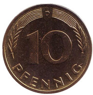 Монета 10 пфеннигов. 1978 год (D), ФРГ. Дубовые листья. Монета 10 пфеннигов. 1978 год (D), ФРГ. Дубовые листья.