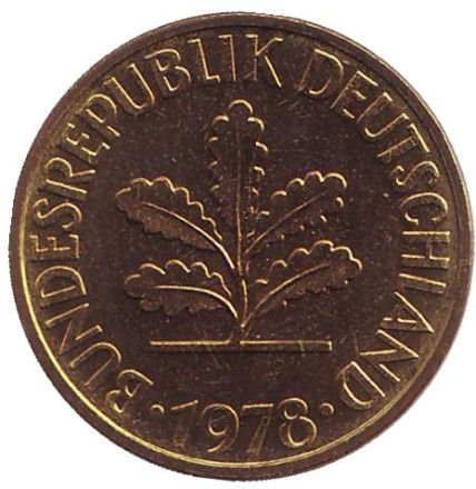 Монета 10 пфеннигов. 1978 год (D), ФРГ. Дубовые листья.