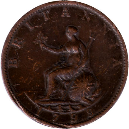 Монета 1/2 пенни. 1799 год, Великобритания. VF.