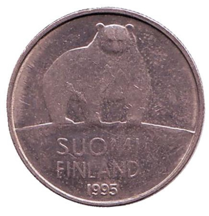 Монета 50 пенни. 1995 год, Финляндия. Медведь.