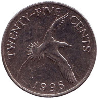 Монета 25 центов. 1996 год, Бермудские острова. Белохвостый фаэтон. Монета 25 центов. 1996 год, Бермудские острова. Белохвостый фаэтон.