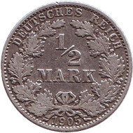 Монета 1/2 марки. 1905 год (E), Германская империя. Монета 1/2 марки. 1905 год (E), Германская империя.