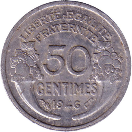 Монета 50 сантимов. 1946 год, Франция. (Без отметки монетного двора).