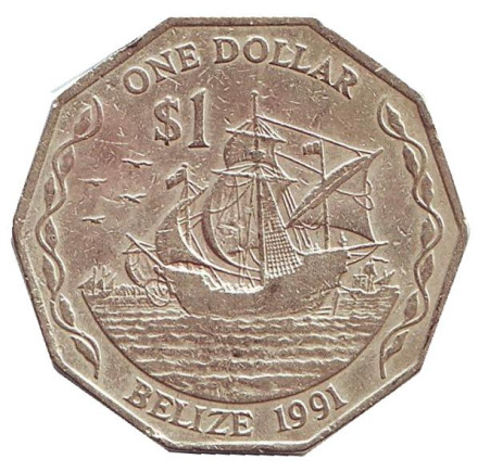 Монета 1 доллар. 1991 год, Белиз. Парусник.