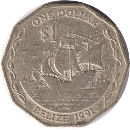 Монета 1 доллар. 1991 год, Белиз. Парусник.