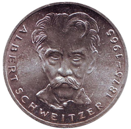 Монета 5 марок. 1975 год (G), ФРГ. 100 лет со дня рождения Альберта Швейцера.