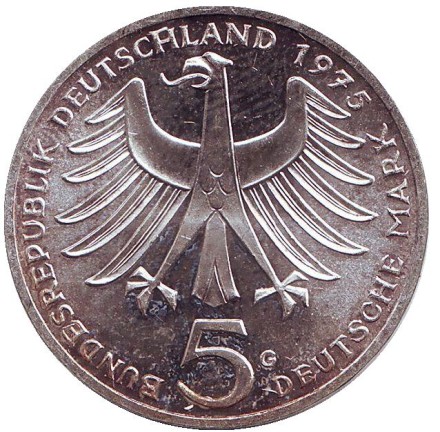 Монета 5 марок. 1975 год, ФРГ. 100 лет со дня рождения Альберта Швейцера. Монета 5 марок. 1975 год, ФРГ. 100 лет со дня рождения Альберта Швейцера.