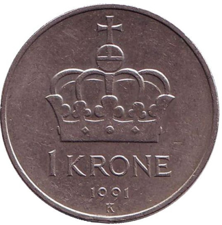 Монета 1 крона. 1991 год, Норвегия. Корона.