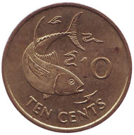 Монета 10 центов. 2007 год, Сейшельские острова. Из обращения. Желтопёрый тунец. Монета 10 центов. 2007 год, Сейшельские острова. Из обращения. Желтопёрый тунец.