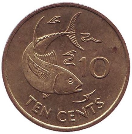 Монета 10 центов. 2007 год, Сейшельские острова. Из обращения. Желтопёрый тунец.