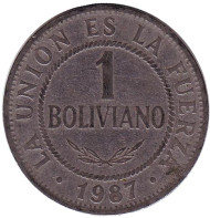 Монета 1 боливиано. 1987 год, Боливия. Монета 1 боливиано. 1987 год, Боливия.