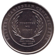 Монета 1 доллар. 2008 год, Восточно-Карибские государства. 25 лет Восточно-Карибскому Центральному банку.