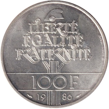 Монета 100 франков. 1986 год, Франция. 100 лет Статуе Свободы.