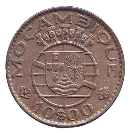 Монета 10 эскудо. 1974 год, Мозамбик в составе Португалии.