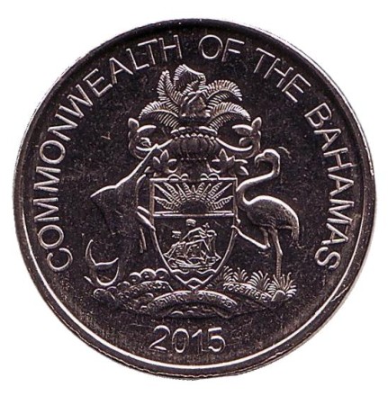Монета 25 центов. 2015 год, Багамские острова. UNC. Парусник.
