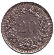 Монета 20 раппенов. 1954 год, Швейцария. Монета 20 раппенов. 1954 год, Швейцария.